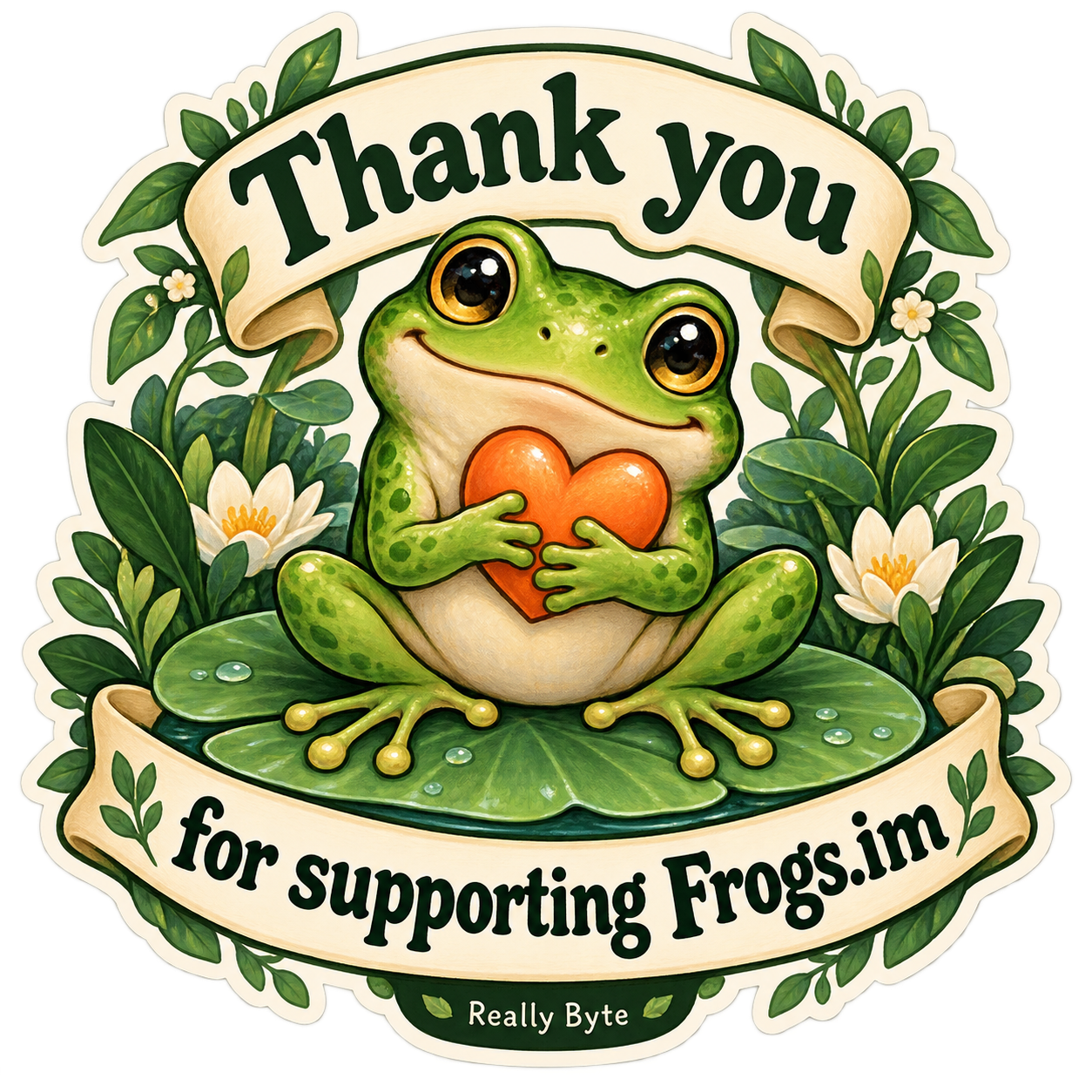Thank-you frog sticker hugging an orange heart, for supporting Frogs.im